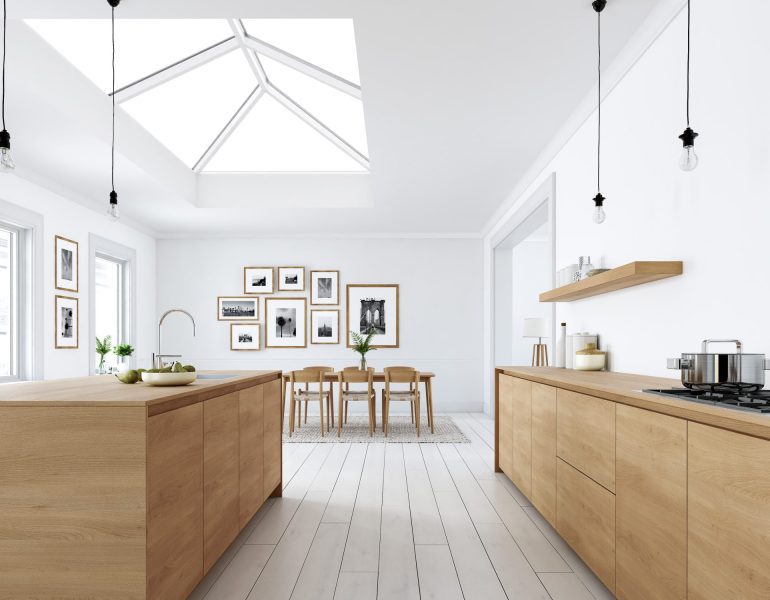 modern kitchen/dining area with roof lantern